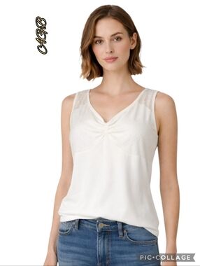 AGB tank top cream lace semi sheer gathered stretch sz xl made in USA nwt